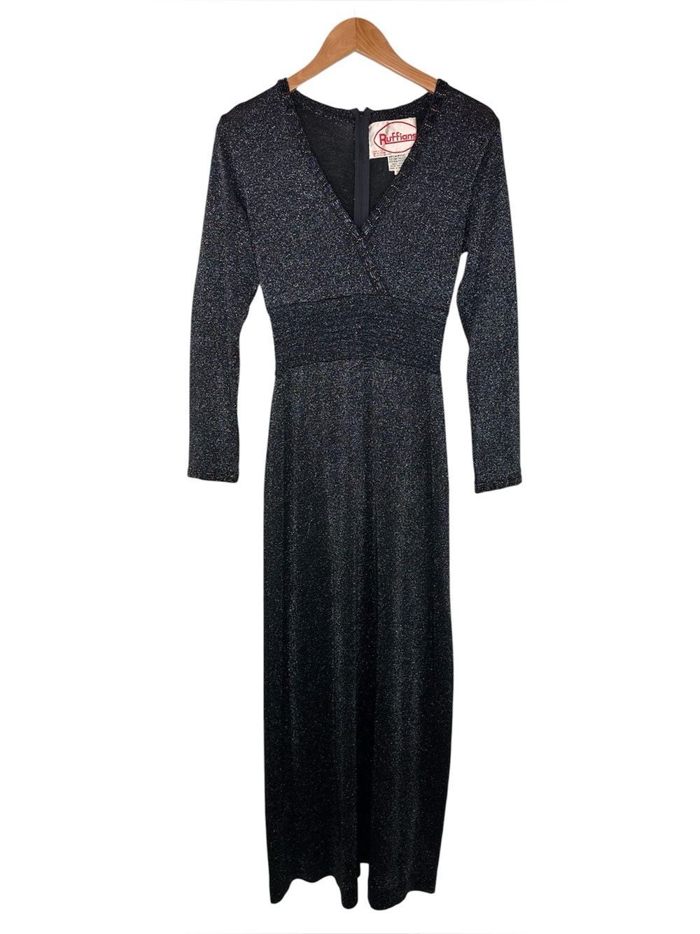 Vintage Ruffians 1970s Glittering Metallic Lurex Long Sleeve Maxi Dress Disco